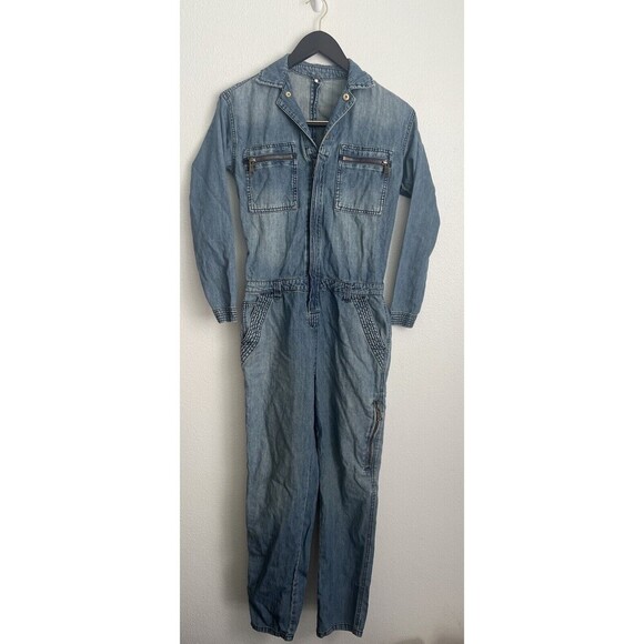 Free PEOPLE WE THE FREE DENIM JUMPSUIT COVERALL Long Sleeve Blue Zip Size 24 - Picture 1 of 7